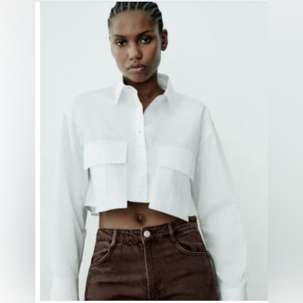 ZARA white cropped shirt with pockets size large
